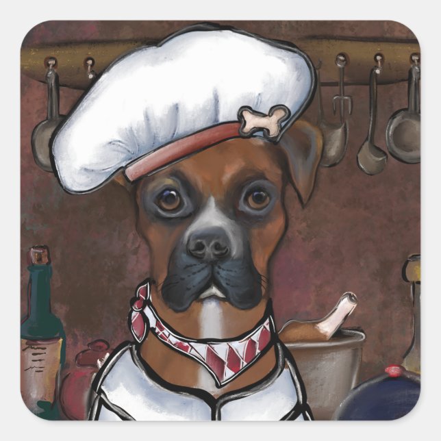 BOXER DOG COOK QUADRATISCHER AUFKLEBER (Vorderseite)