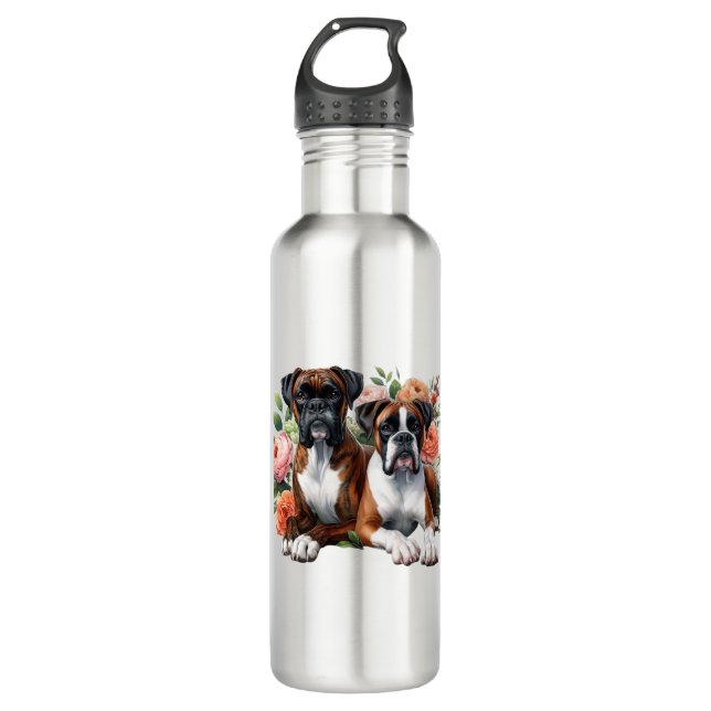 Boxer Dog Duo unter den Blume Edelstahlflasche (Vorderseite)