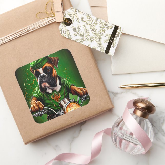 Boxer Dog Fahrrad St. Patrick's Day Quadratischer Aufkleber (Schenken)