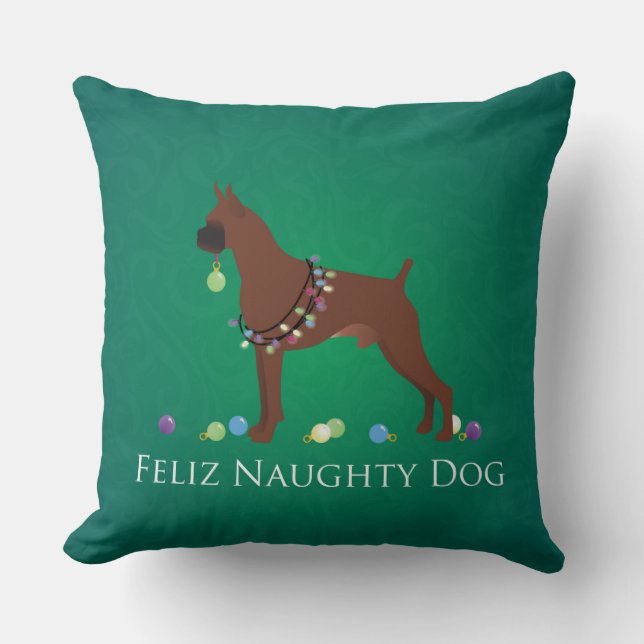 Boxer Dog Feliz Naughty Dog Weihnachtsdesign Kissen (Vorderseite)
