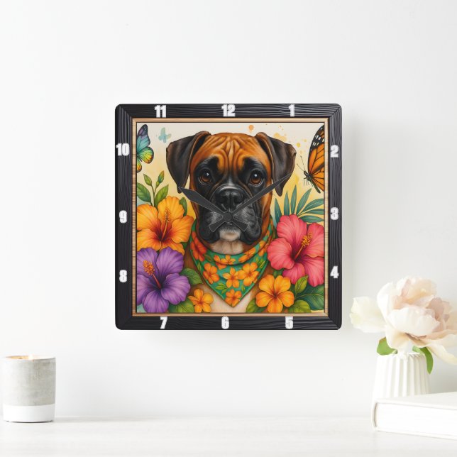 Boxer Dog Floral Butterfly Quadratische Wanduhr (Zuhause)