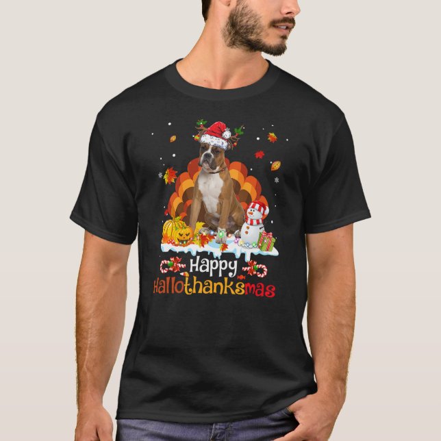 Boxer Dog Happy Hallothanksmas Halloween Thanksgiv T-Shirt (Vorderseite)