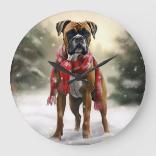 Boxer Dog in Schneeschweihnacht Große Wanduhr