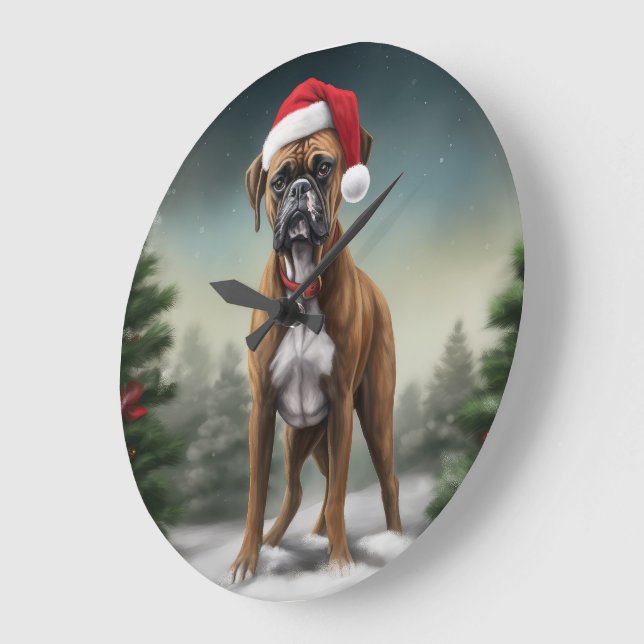 Boxer Dog in Schneeschweihnacht Große Wanduhr (Winkel)