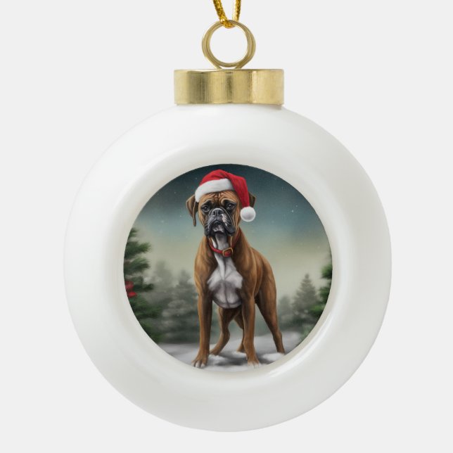Boxer Dog in Schneeschweihnacht Keramik Kugel-Ornament (Vorderseite)