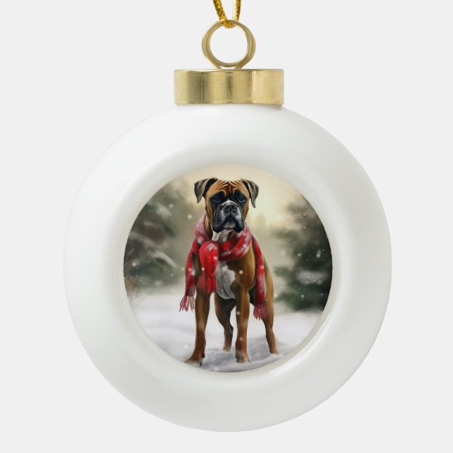 Boxer Dog in Schneeschweihnacht Keramik Kugel-Ornament (Vorderseite)