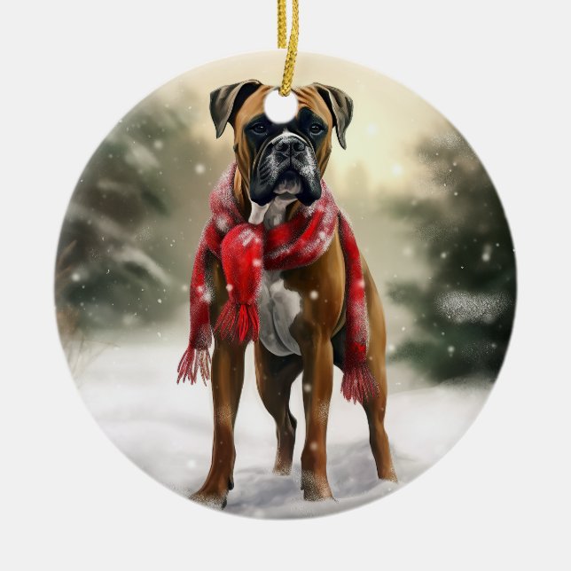 Boxer Dog in Schneeschweihnacht Keramik Ornament (Vorne)