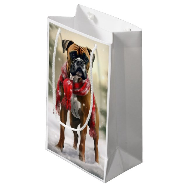Boxer Dog in Schneeschweihnacht Kleine Geschenktüte (Vorderseite Schrägansicht)