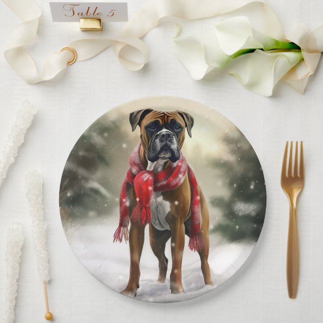 Boxer Dog in Schneeschweihnacht Pappteller (Hochzeit)