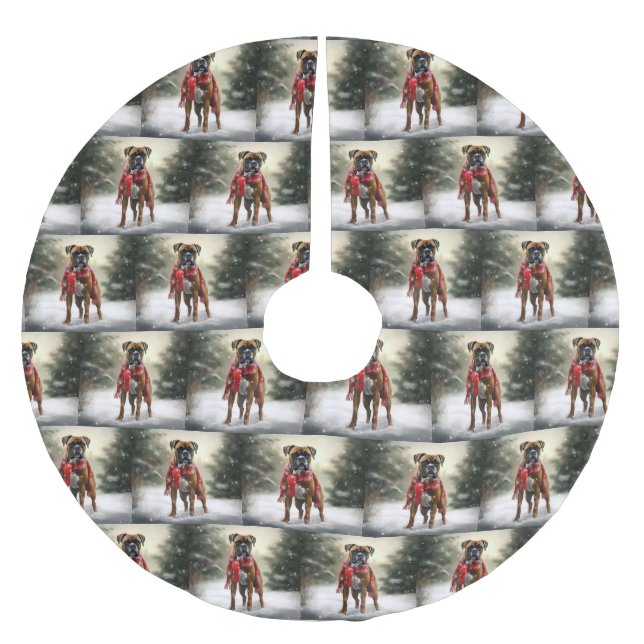 Boxer Dog in Schneeschweihnacht Polyester Weihnachtsbaumdecke (Vorderseite)