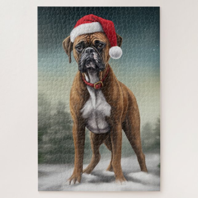 Boxer Dog in Schneeschweihnacht Puzzle (Vertikal)