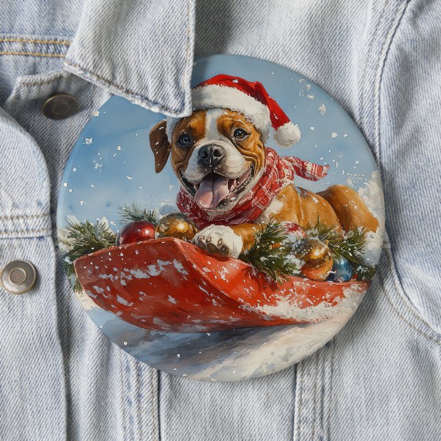 Boxer Dog in Sledge Lass es Schnee Weihnachten Button (Beispiel)