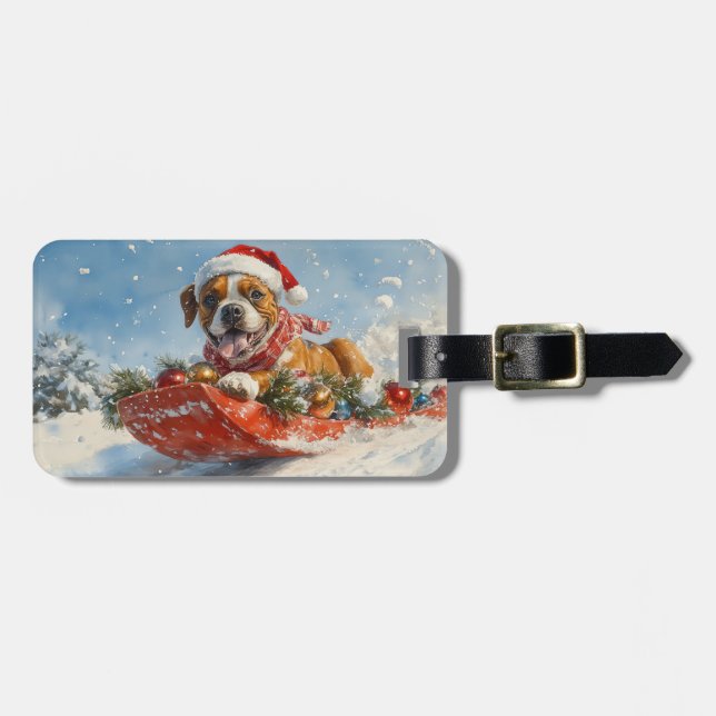 Boxer Dog in Sledge Lass es Schnee Weihnachten Gepäckanhänger (Vorderseite horizontal)