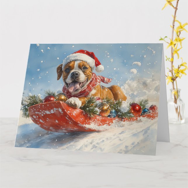 Boxer Dog in Sledge Lass es Schnee Weihnachten Karte (Gelbe Blume)