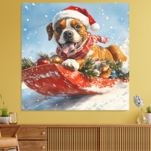 Boxer Dog in Sledge Lass es Schnee Weihnachten Leinwanddruck
