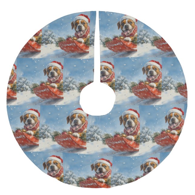 Boxer Dog in Sledge Lass es Schnee Weihnachten Polyester Weihnachtsbaumdecke (Vorderseite)