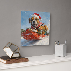 Boxer Dog in Sledge Lass es Schnee Weihnachten Quadratische Wanduhr