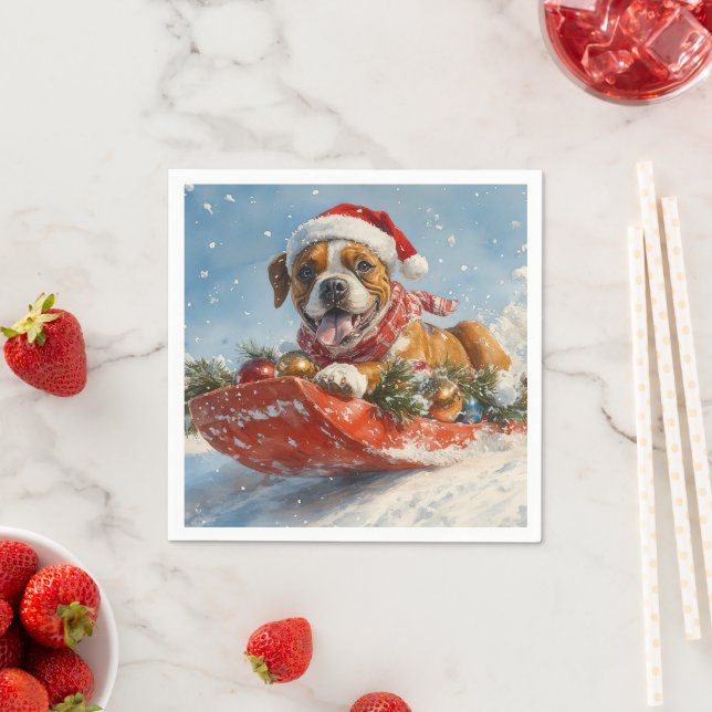 Boxer Dog in Sledge Lass es Schnee Weihnachten Serviette (Beispiel)