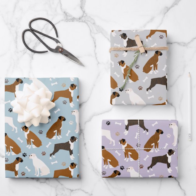 Boxer Dog Knochen und Paws Geschenkpapier Set (Vorderseite)