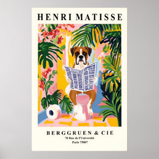 Boxer Dog on Toilet Print Matisse Style Bathroom Poster