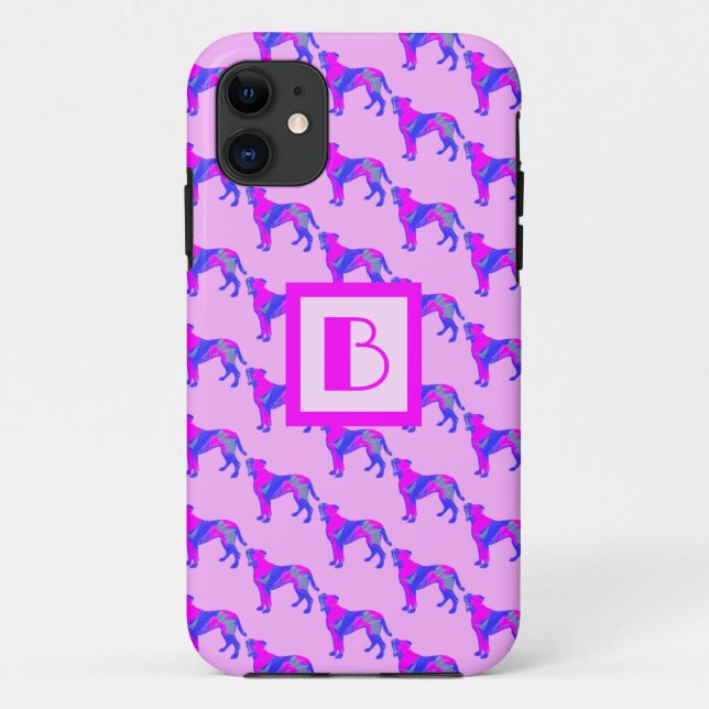 Boxer Dog Pink & Blue Silhouette Monogramm Case-Mate iPhone Hülle (Rückseite)