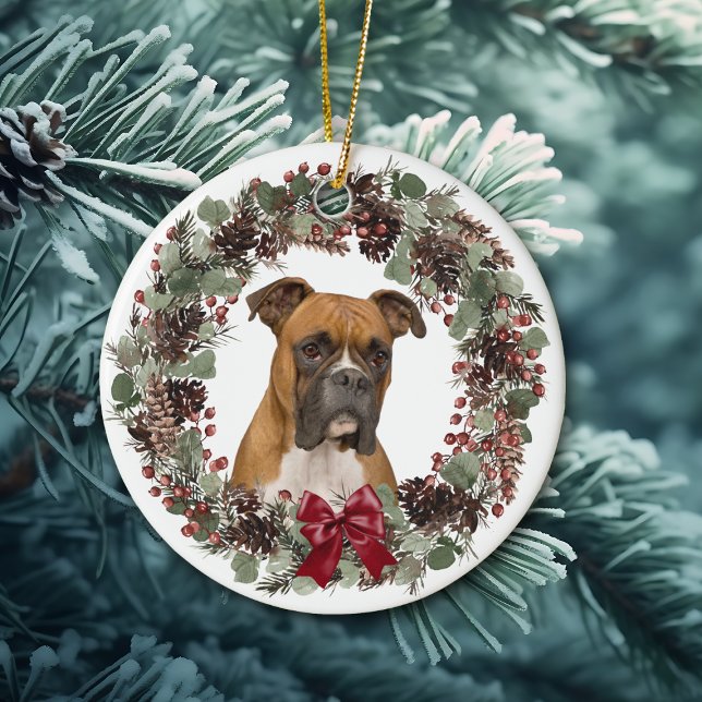 Boxer Dog Red Bow Pinecone Kreath Personalisiert Keramik Ornament (Von Creator hochgeladen)