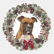 Boxer Dog Red Bow Pinecone Wreath Weihnachten