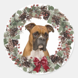 Boxer Dog Red Bow Pinecone Wreath Weihnachten Runder Aufkleber