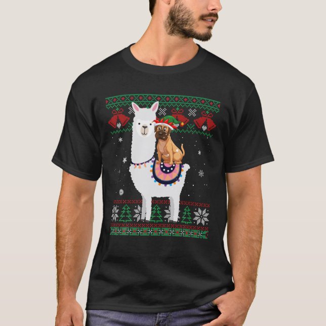 Boxer Dog Riding Llama Funny Ugly Weihnachten T-Shirt (Vorderseite)