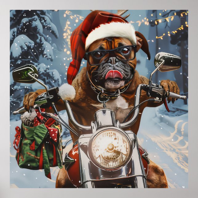 Boxer Dog Riding Motorrad Weihnachten Poster (Vorne)