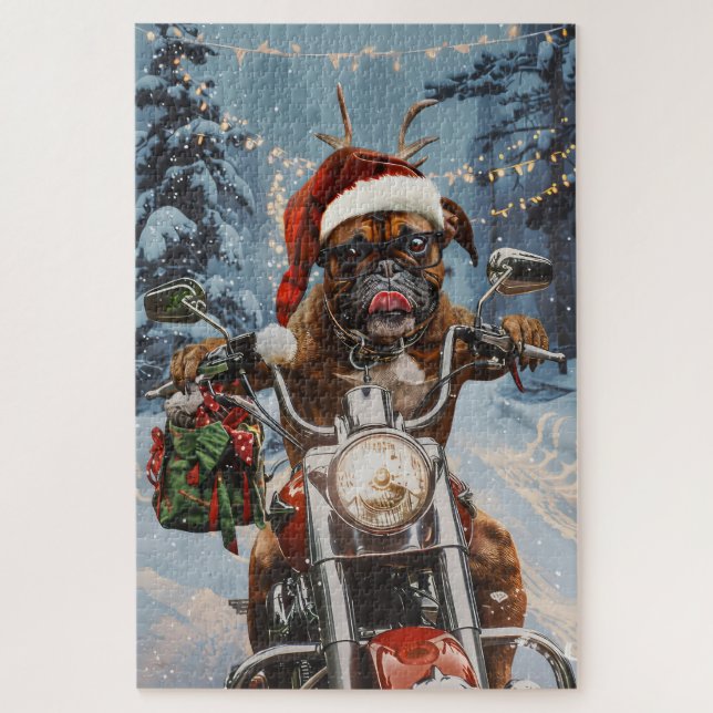 Boxer Dog Riding Motorrad Weihnachten Puzzle (Vertikal)