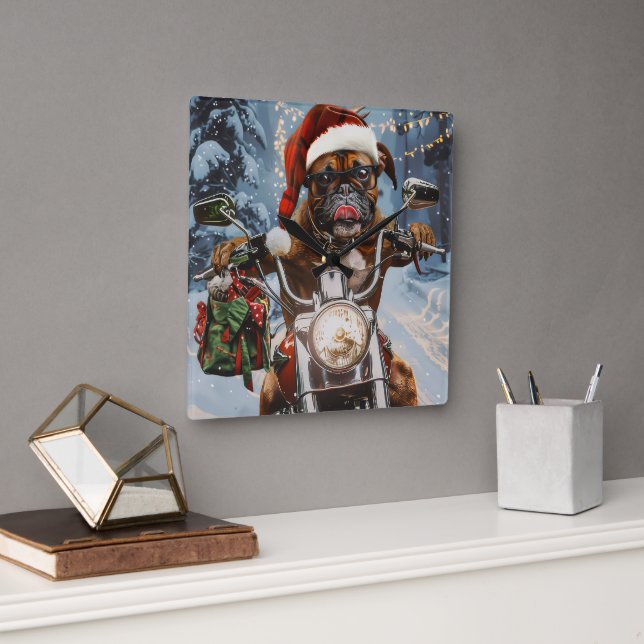 Boxer Dog Riding Motorrad Weihnachten Quadratische Wanduhr (Büro)