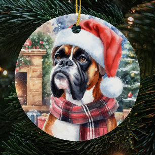 Boxer Dog Scarf und Weihnachtsmannmütze Weihnachte Keramik Ornament