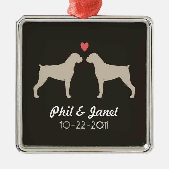 Boxer Dog Silhouetten Hochzeit Couple Liebe Custom Ornament Aus Metall (Vorne)