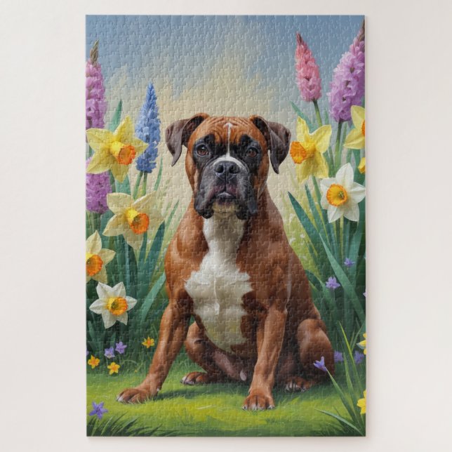 Boxer Dog Spring Blumen Malerei Puzzle (Vertikal)