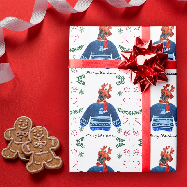 Boxer Dog Tragen Weihnachts-Sweater Festival Geschenkpapier (Von Creator hochgeladen)