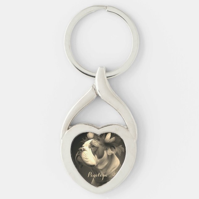 Boxer Dog Vintag-Style Metal Heart Keychain Schlüsselanhänger (Vorderseite)