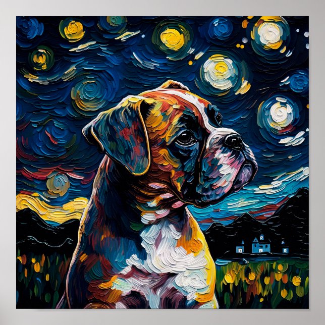 Boxer Dog Welppy Starry Night Van Gogh Style Poste Poster (Vorne)