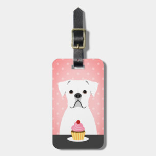 Boxer Dog White Eating Cupcake Pink Hintergrund Gepäckanhänger