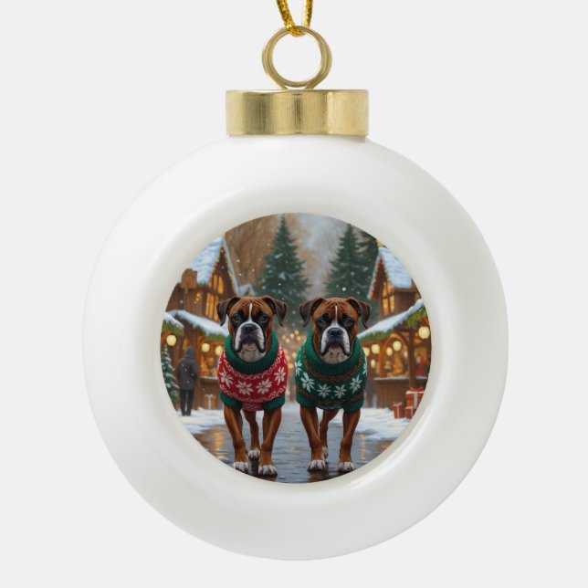 Boxer Dogs Christmas Snow Holiday  Keramik Kugel-Ornament (Vorderseite)