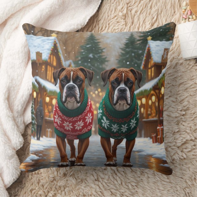 Boxer Dogs Christmas Snow Holiday  Kissen (Decke)
