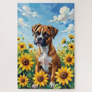 Boxer-Frühlings-Sonnenblumenfeld-Hund Puzzle