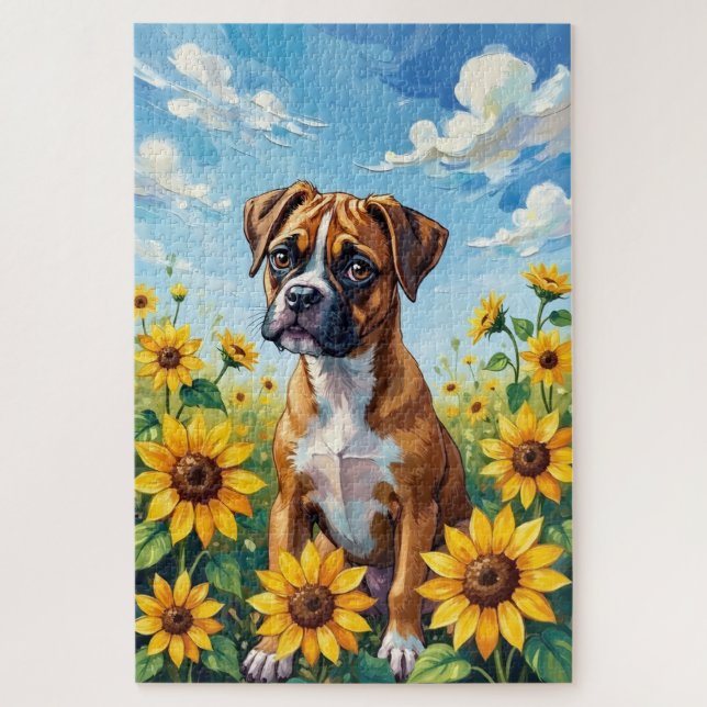 Boxer-Frühlings-Sonnenblumenfeld-Hund Puzzle (Vertikal)