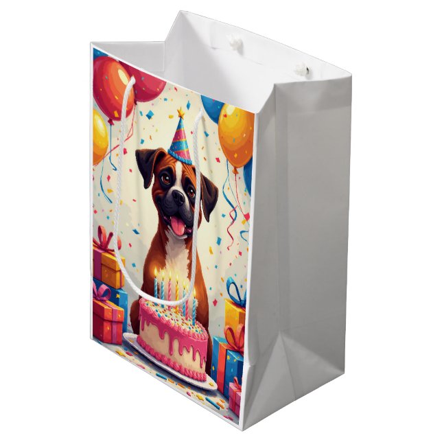 Boxer-Geburtstagsfeier Mittlere Geschenktüte (Vorderseite Schrägansicht)
