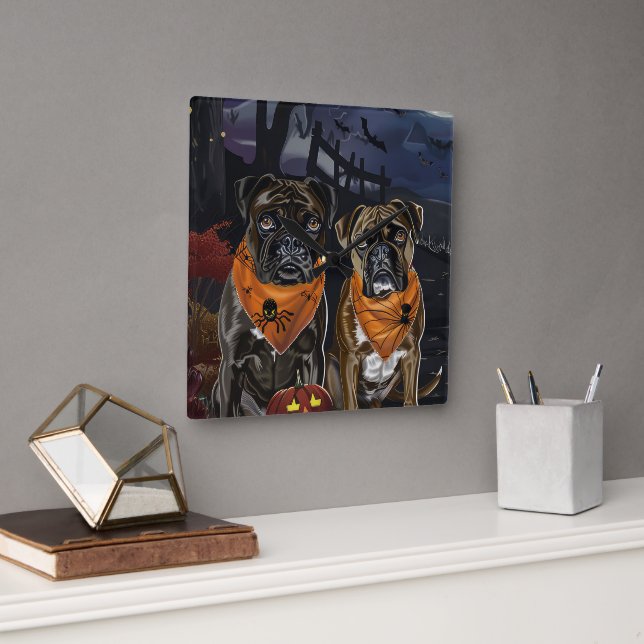 Boxer Halloween Spooky Quadratische Wanduhr (Büro)