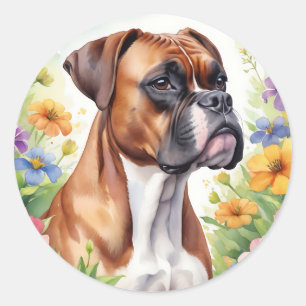 Boxer Hund im farbenfrohen Blumengarten Runder Aufkleber