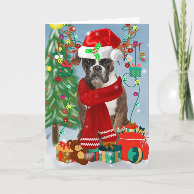 Boxer Hund im Schnee mit Weihnachtsgeschenken Karte (Vorderseite)