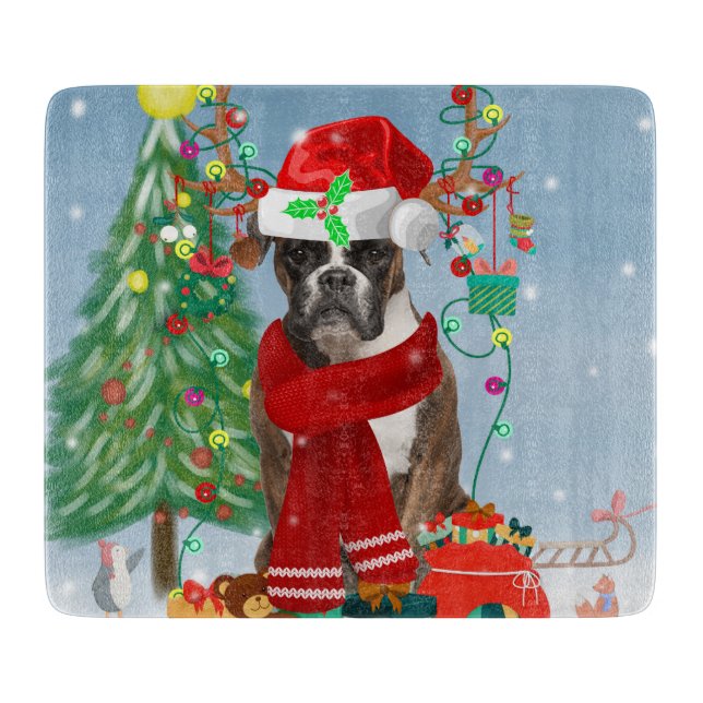 Boxer Hund im Schnee mit Weihnachtsgeschenken Schneidebrett (Vorderseite)