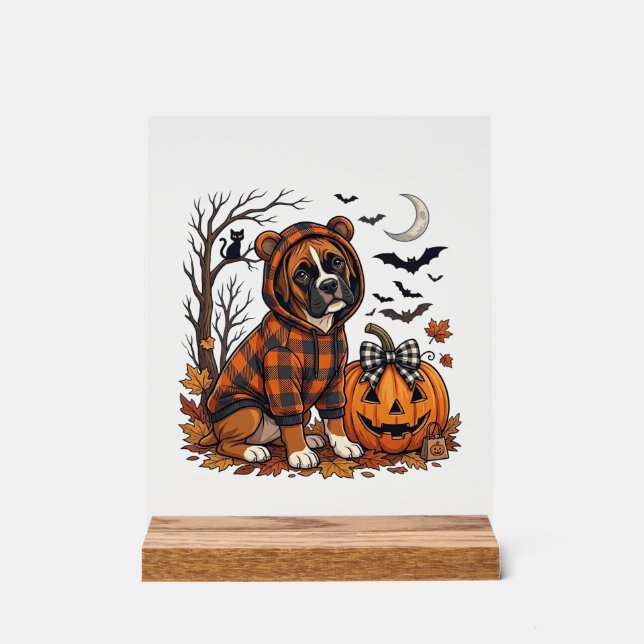 Boxer-Hund Karo Pullover Halloween Kürbis Fledermä Acrylschild (Vorderseite)