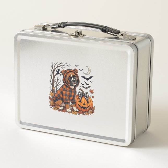 Boxer-Hund Karo Pullover Halloween Kürbis Fledermä Metall Brotdose (Vorderseite)